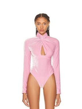 Blumarine Pink Velvet Long-Sleeve Keyhole Bodysuit